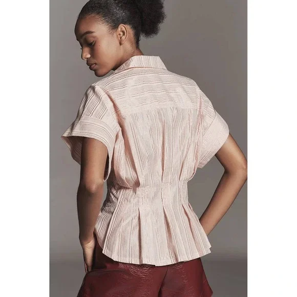 Anthropologie Pilcro The Bobbie Blouse Pink Rose Gold Lurex Stripe Fitted Waist - Picture 2 of 11